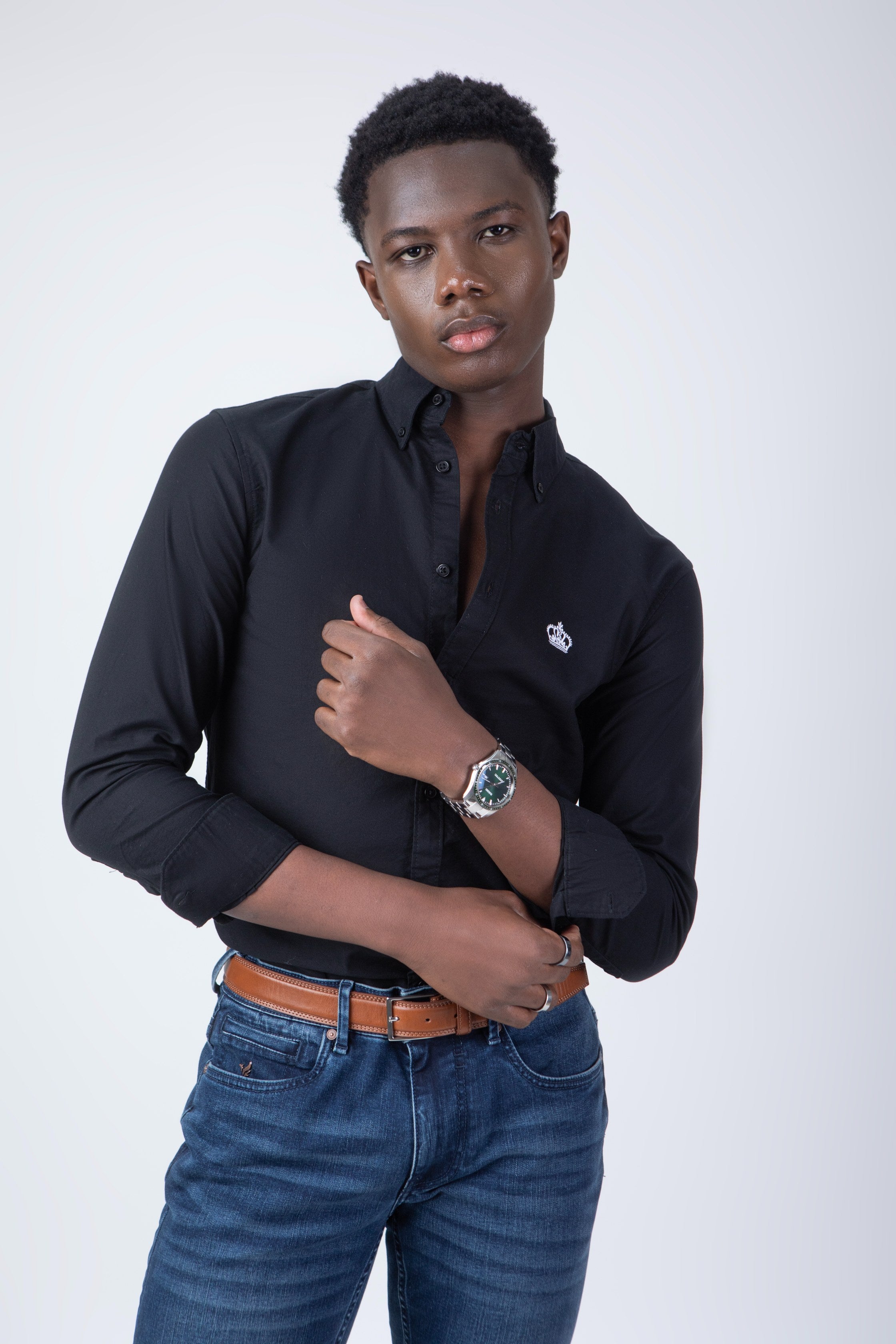 Roclary-Men’s Black Pure Cotton Shirt-The Signature Gentleman’s Collection 70's fabric